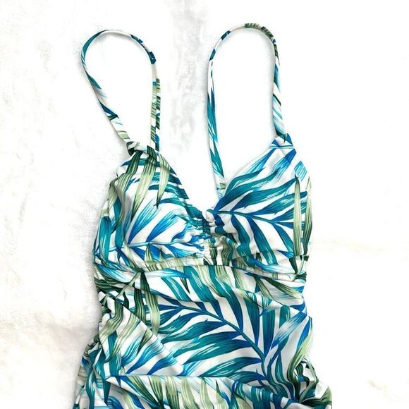 Time and Tru Women's Flower Frenzy One Piece Swimsuit Tropical Leaf Pattern Whit - Picture 3 of 13